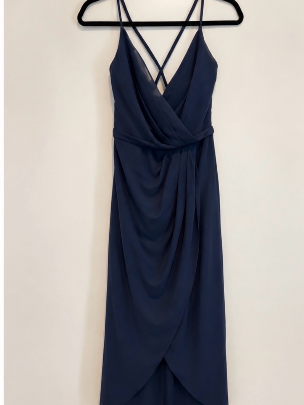 David's Bridal Navy High-Low Wrap Dress